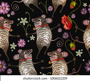 Embroidery mouse seamless pattern. Two cheerful mice are danced in flowers classical embroidery pattern. Template for clothes, textiles, t-shirt design