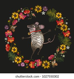 Embroidery mouse and wreath of flowers. Classical embroidery red roses, peonies, sunflowers, butterflies. Fashion template for clothes, textiles, t-shirt design