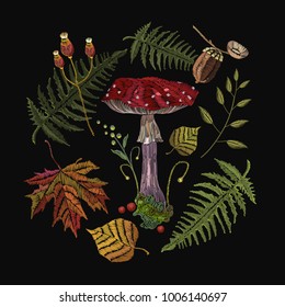 Embroidery mushrooms. Fashion nature template for clothes, textiles, t-shirt design. Fly agarics, toadstools, forest art 