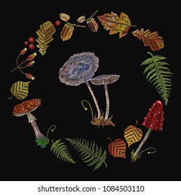 Embroidery mushrooms. Fashion nature template for clothes, textiles, t-shirt design. Fly agarics, toadstools, forest art 