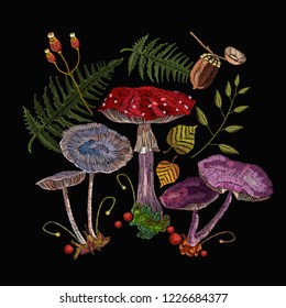 Embroidery mushrooms. Fashion nature template for clothes, textiles, t-shirt design. Fly agarics, toadstools, forest art 