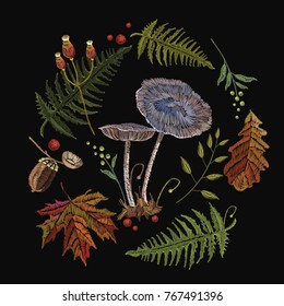 Embroidery mushrooms. Fashion nature template for clothes, textiles, t-shirt design. Fly agarics, toadstools, forest art 