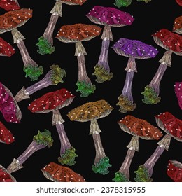 Embroidery mushrooms fly agarics, Fashion fall nature embroidery template for clothes, textiles, t-shirt design. Autumn forest seamless pattern