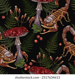 Embroidery mushrooms fly agarics. and scorpion.Gothic fall nature embroidery template for clothes, textiles, t-shirt design. Autumn forest seamless pattern