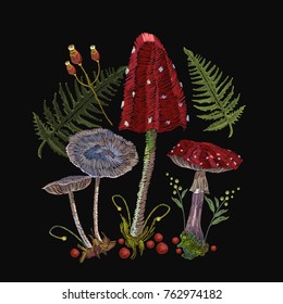 Embroidery mushrooms. Fly agarics, toadstools, forest art. Fashion nature template for clothes, textiles, t-shirt design 