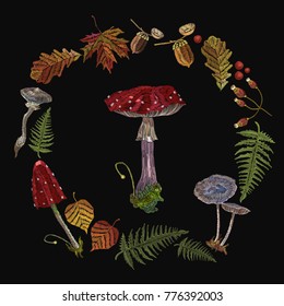 Embroidery mushrooms. Fly agarics, toadstools, forest art. Fashion nature template for clothes, textiles, t-shirt design 