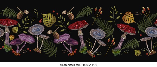 Embroidery mushrooms horizontal seamless pattern. Dark autumn forest. Fairy tale art. Fashion nature template for clothes, textiles, t-shirt design 