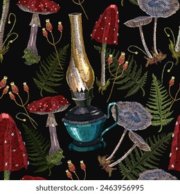 Embroidery. Mushrooms and kerosene lamp,. Magic forest background. Gothic template for clothes