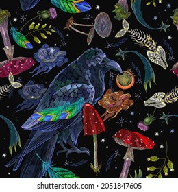 Embroidery. Mushrooms, night starry sky, autumn fly agaric and gothic raven bird. Northern fairy tales. Fashion template for clothes. Halloween art. Magic forest background 