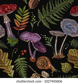 Embroidery mushrooms seamless pattern, berries, autumn leaves, seamless pattern. Nature embroidery template for clothes, textiles, t-shirt design 