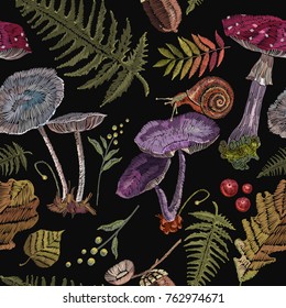 Embroidery mushrooms seamless pattern, berries, snails, autumn leaves, seamless pattern. Fashion nature template for clothes, textiles, t-shirt design 