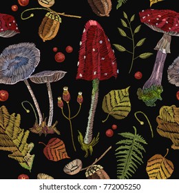 Embroidery mushrooms seamless pattern, berries, autumn leaves, seamless pattern. Fashion nature embroidery template for clothes, textiles, t-shirt design 