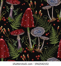 Embroidery Mushrooms Seamless Pattern. Dark Autumn Forest. Gothic Fairy Tale Art. Fashion Nature Template For Clothes, Textiles, T-shirt Design 