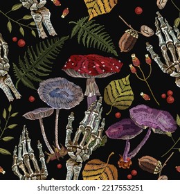 Embroidery mushrooms seamless pattern. Skeleton hands, autumn leaves, seamless pattern. Gothic fashion nature template for clothes, textiles, t-shirt design