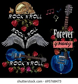 Embroidery music collection. Rock elements for clothes. Guitar, gothic roses, angel wings, human skull, music notes. Embroidery fashion music art