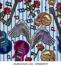 Embroidery music seamless pattern. Guitar, gothic roses, angel wings, human skull, music notes. Rock pattern for clothes. Embroidery rock music fashion art