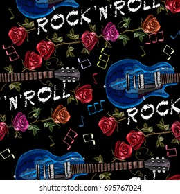 Embroidery music seamless pattern. Rock guitar and roses gothic art seamless background.  rock’n’roll slogan. Fashionable embroidery template vector for ladies, woman t shirt design