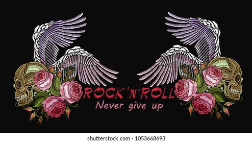 Embroidery music. Rock’n’roll slogan. Human skull, angel wings and roses gothic art background. Fashionable embroidery template vector for ladies, woman t shirt design