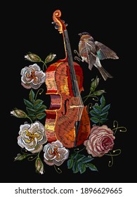 Embroidery musical violin, titmouse buds and pink roses flowers. Classical fashion music art, template for clothes, t-shirt design art 