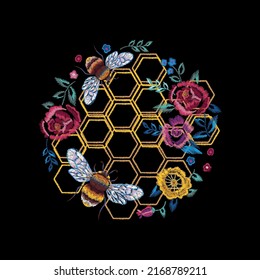 Embroidery native floral round pattern with simplified flowers, honeycomb and bees. Vector traditional  ornament on black background for fashion design.
