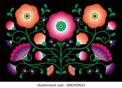 Stickereien einheimischen Blumen Folkloremuster mit polnischem und mexikanischem Einfluss. Trendy ethnische dekorative traditionelle Blumen in symmetrischem Design, für Mode, Interieur, Schreibwaren. Vektorgrafik einzeln auf Schwarz