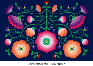 Embroidery native flowers folk pattern with Polish and Mexican influence. Trendy ethnic decorative traditional floral in symmetric design, for fashion, interior, stationery. Vector isolated on blue