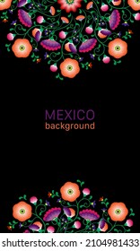 Embroidery native flowers folk pattern with Polish and Mexican influence. Trendy ethnic decorative traditional floral in symmetric design, for fashion, interior, stationery. Vector isolated on black