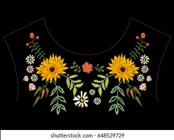 Embroidery native neckline pattern with asters and chamomiles. Vector embroidered traditional floral design with fantasy flowers for fashion wearing.