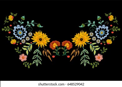 Embroidery native neckline pattern with fantasy flowers. Vector embroidered traditional floral design for fashion wearing.