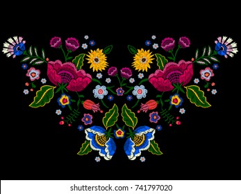 Embroidery native neckline pattern with simplify flowers. Vector embroidered traditional floral design for fashion wearing