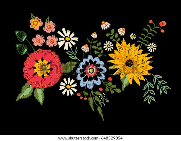 Embroidery native pattern with fantasy flowers.\
Vector embroidered traditional floral bouquet. Tribal style design\
for fashion wearing