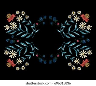 Embroidery native pattern with simplify chamomiles and blackberry. Vector embroidered traditional floral frame with flowers.