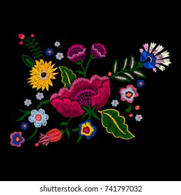 Embroidery native pattern with simplify flowers. Vector embroidered traditional floral  design for fashion wearing.