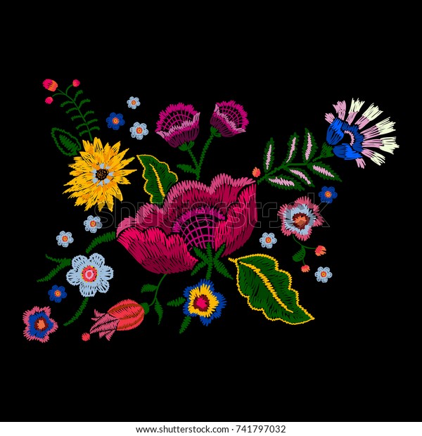 Embroidery native pattern with simplify flowers.\
Vector embroidered traditional floral  design for fashion\
wearing.