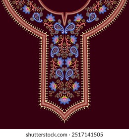 Diseño de cuello bordado con patrones florales de paisley y motivos de rollo de vid sobre un fondo rojo oscuro. Patrón de cuello colorido adecuado para el vestido de cuello partido de las mujeres, kurta, kaftan y camisas dashiki.