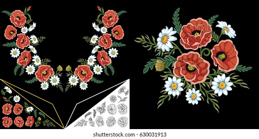 Embroidery neck line design. Collection of floral elements for dresses, collar t-shirts and blouses. Coloring outline drawing of chamomile, daisy and poppy flowers.