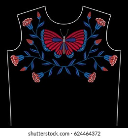Embroidery neck line pattern with butterfly and roses on black background. Fashion vector traditional floral design 