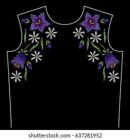 Embroidery neck line pattern with chamomile and bellflower on black background. Fashion vector traditional floral design 