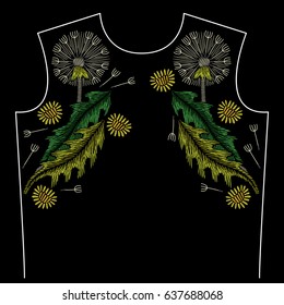 Embroidery neck line pattern with dandelion on black background. Fashion vector traditional floral design 