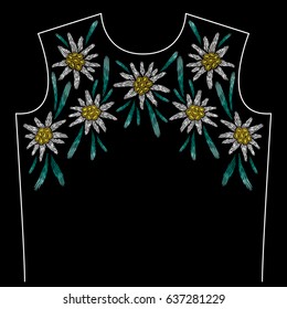 Embroidery neck line pattern with edelweiss on black background. Fashion vector traditional floral design 