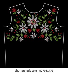 Embroidery neck line pattern with flowers and berries on black background. Fashion vector traditional floral design