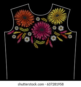 Embroidery neck line pattern with gerbera, petals, mimosa on black background. Fashion vector traditional floral design 