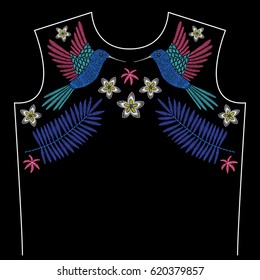 Embroidery neck line pattern with hummingbirds and tropical flowers on black background. Fashion vector traditional floral design 