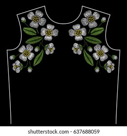 Embroidery neck line pattern with jasmine on black background. Fashion vector traditional floral design 