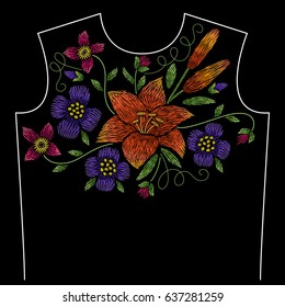 Embroidery neck line pattern with lily, pink and violet flowers on black background. Fashion vector traditional floral design 
