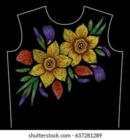 Embroidery neck line pattern with narcissus and iris on black background. Fashion vector traditional floral design 