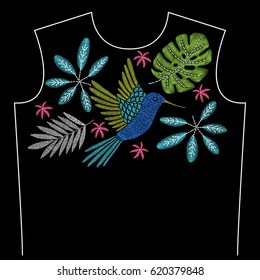 Embroidery neck line pattern with palm leaves and hummingbird on black background. Fashion vector traditional floral design 