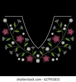 Embroidery neck line pattern with pink and white flowers on black background. Fashion vector traditional floral design