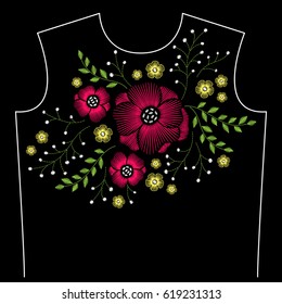 Embroidery neck line pattern with poppy and yellow flowers on black background. Fashion vector traditional floral design 