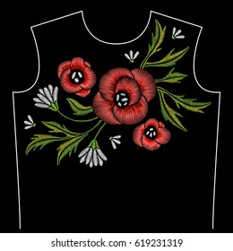 Embroidery neck line pattern with poppy and chamomile on black background. Fashion vector traditional floral design 